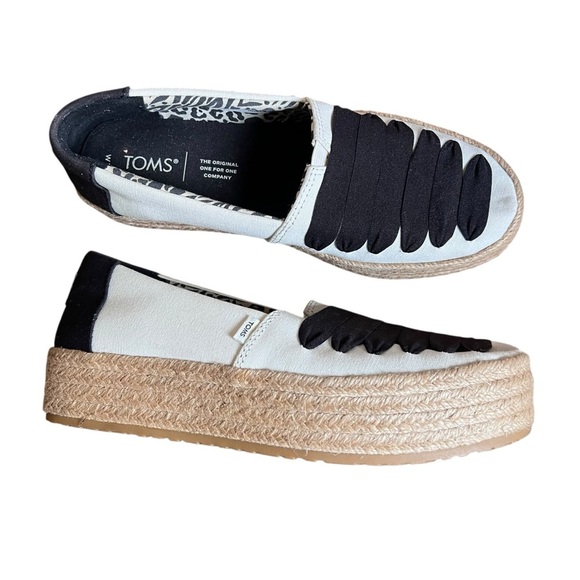 TOMS Valencia Espadrille Platform Slip-on Shoes Natural Canvas Black Womens Sz 7 - Picture 2 of 11